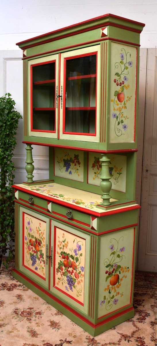 Painted Double Body Buffet With Two Glass Doors And 2 Lacquered Leaves With Floral And Fruit Decor-photo-3