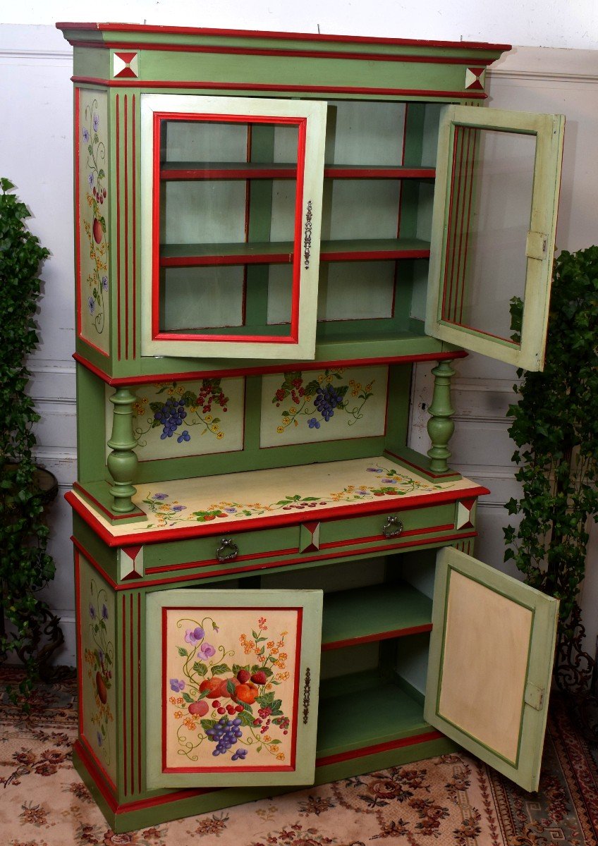 Painted Double Body Buffet With Two Glass Doors And 2 Lacquered Leaves With Floral And Fruit Decor-photo-1