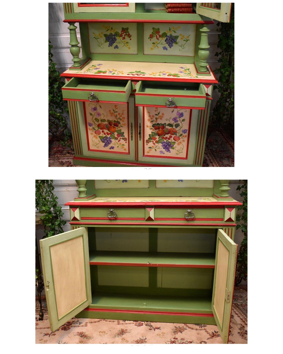 Painted Double Body Buffet With Two Glass Doors And 2 Lacquered Leaves With Floral And Fruit Decor-photo-2