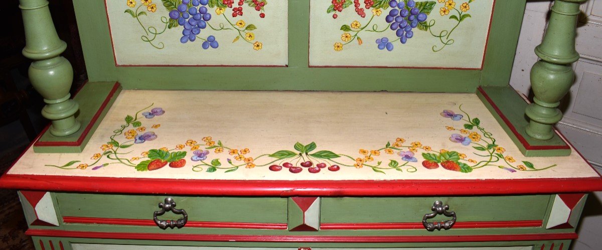 Painted Double Body Buffet With Two Glass Doors And 2 Lacquered Leaves With Floral And Fruit Decor-photo-4