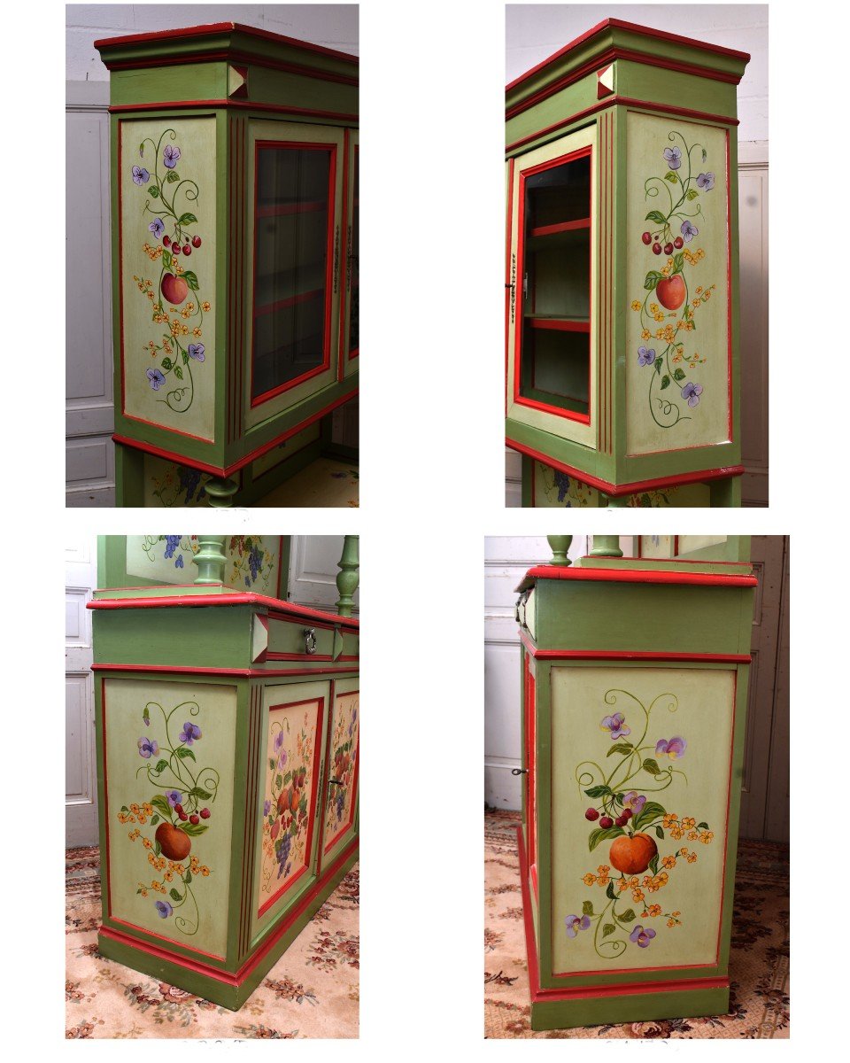 Painted Double Body Buffet With Two Glass Doors And 2 Lacquered Leaves With Floral And Fruit Decor-photo-5