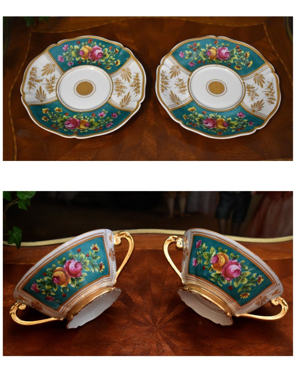 Paire De grandes Tasses En  Porcelaine De Limoges pour Bouillon , Chocolat Etc... Entièrement Peint Main , décor floral-photo-6