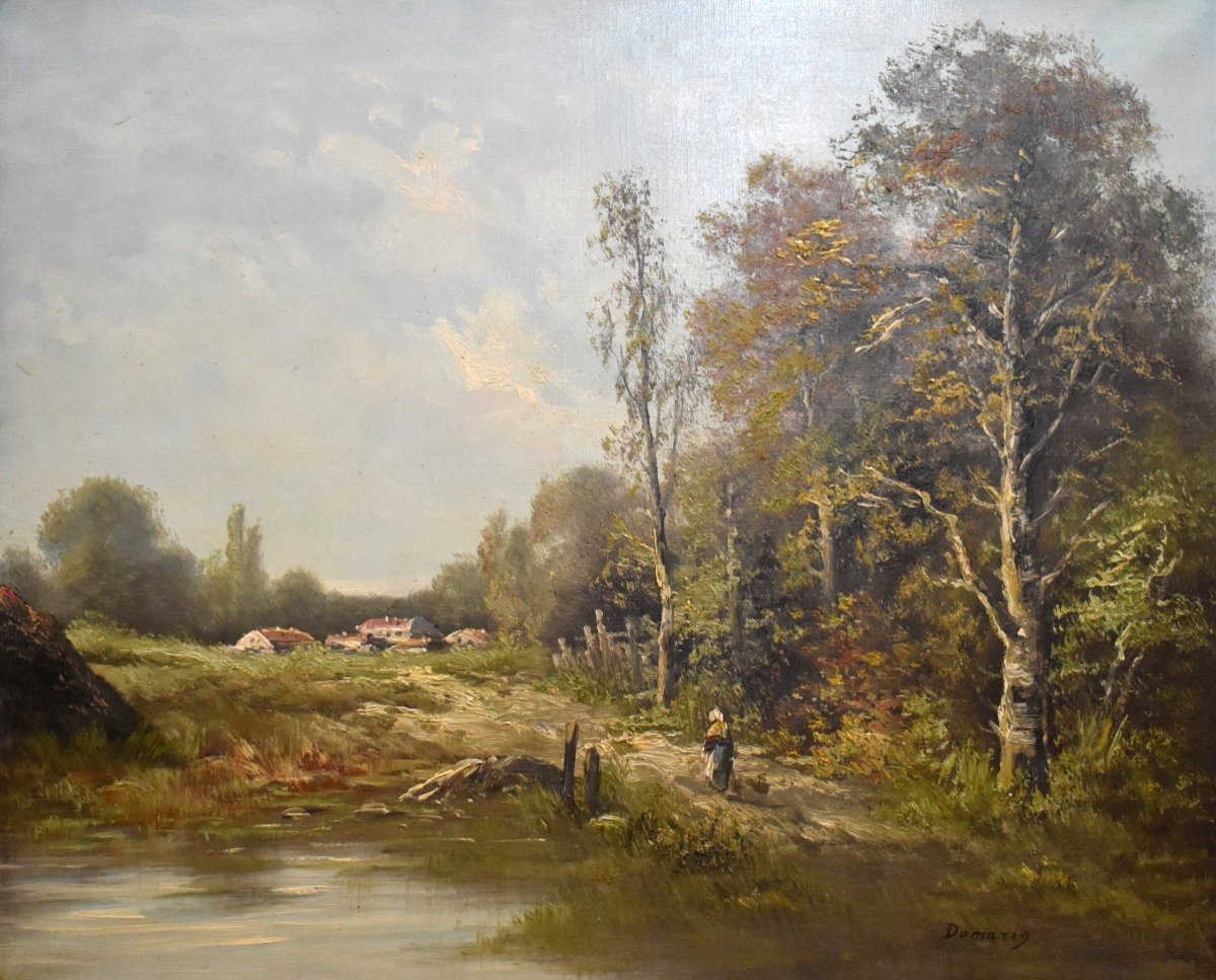 Damarin, &eacute;cole Fran&ccedil;aise, Paysage De Campagne Anim&eacute; , Bois , &eacute;tang, Chemin -photo-2
