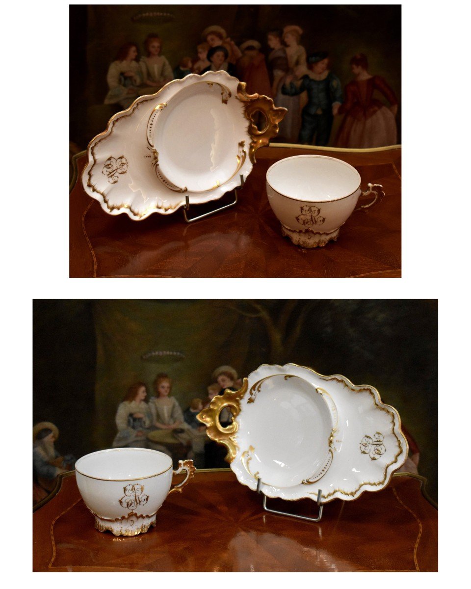 Déjeuner " Egoïste "  En Porcelaine De Limoges, Grande Tasse  Monogrammée E R à l'Or Fin, Manufacture des Frères Plainemaison fin du XIXe-photo-1