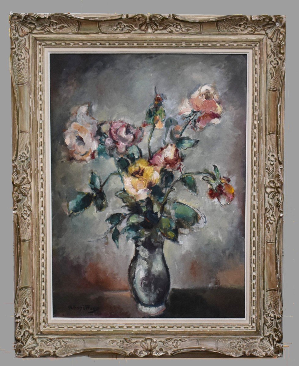 Pierre Papillaud,  Peintre Limousin, Bouquet De Roses Sur Entablement Dans Cadre Montparnasse .-photo-2
