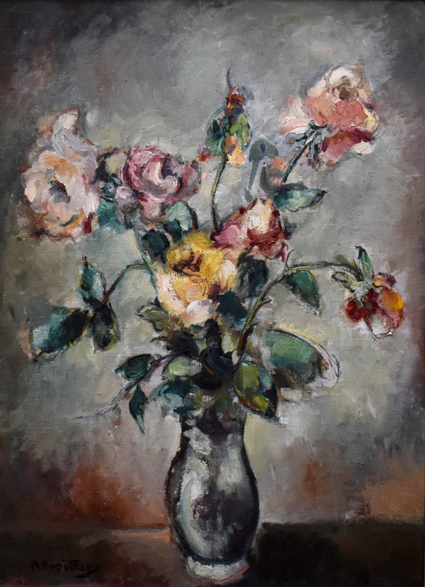 Pierre Papillaud,  Peintre Limousin, Bouquet De Roses Sur Entablement Dans Cadre Montparnasse .-photo-3