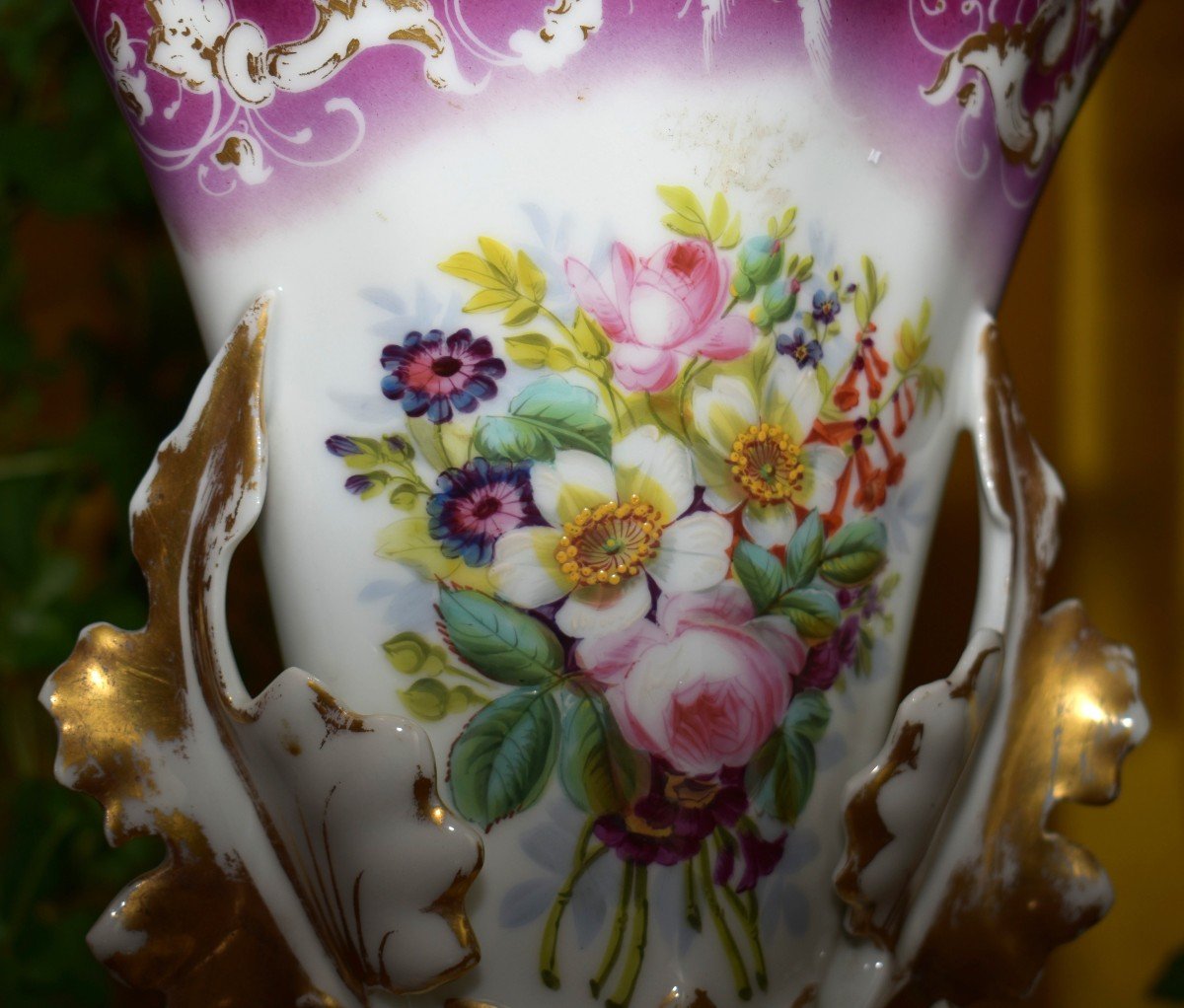 Vase De Mariée En Porcelaine De Limoges, Décor Floral Peint à La Main, Forme Cornet, XIXe-photo-2