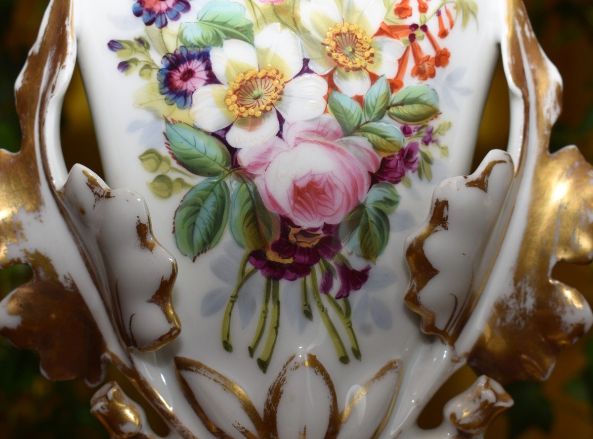 Vase De Mariée En Porcelaine De Limoges, Décor Floral Peint à La Main, Forme Cornet, XIXe-photo-4