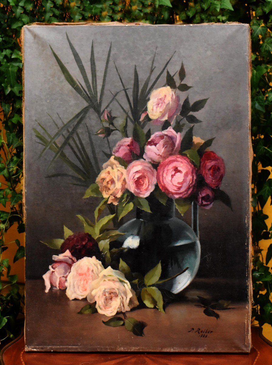 P. Reiber 1888, école Française Du XIXe. Tableau Bouquet De Fleurs Sur Entablement-photo-3