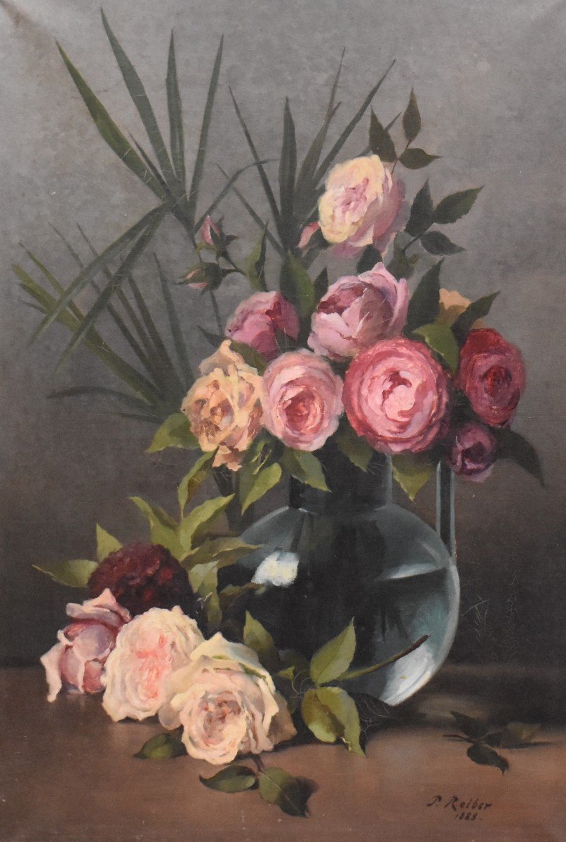 P. Reiber 1888, école Française Du XIXe. Tableau Bouquet De Fleurs Sur Entablement-photo-4