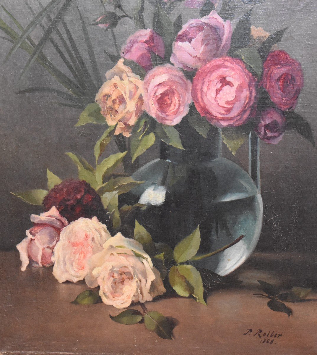 P. Reiber 1888, école Française Du XIXe. Tableau Bouquet De Fleurs Sur Entablement-photo-1