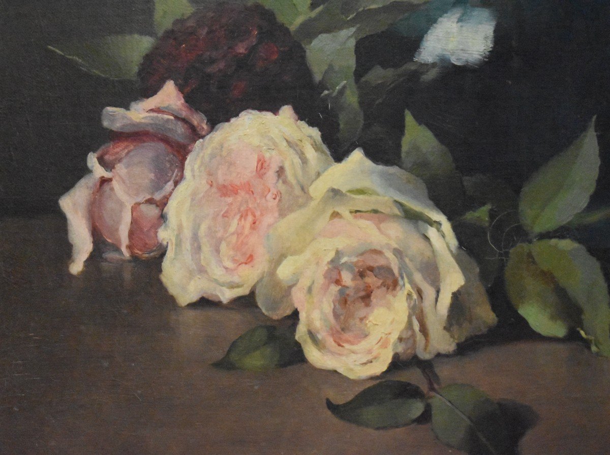 P. Reiber 1888, école Française Du XIXe. Tableau Bouquet De Fleurs Sur Entablement-photo-4