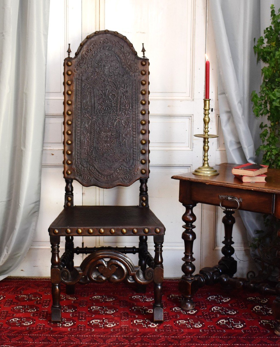 Spanish Renaissance Style High Back Chair, Cordou Leather, Nineteenth-photo-2