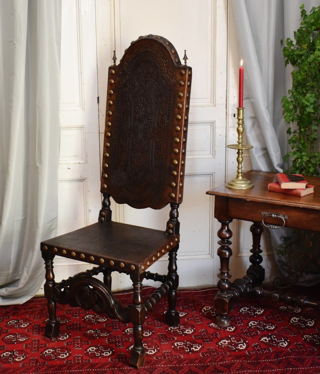 Spanish Renaissance Style High Back Chair, Cordou Leather, Nineteenth-photo-3