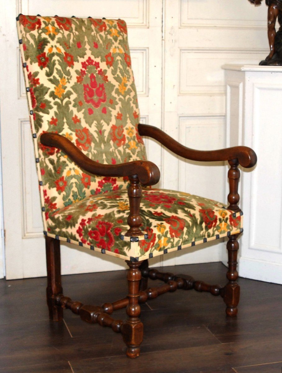 Armchair With High Flat Backrest In Walnut, Late 17th Century, Louis XIII Style. Baluster Base.-photo-3