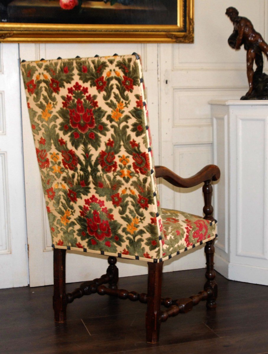 Armchair With High Flat Backrest In Walnut, Late 17th Century, Louis XIII Style. Baluster Base.-photo-1