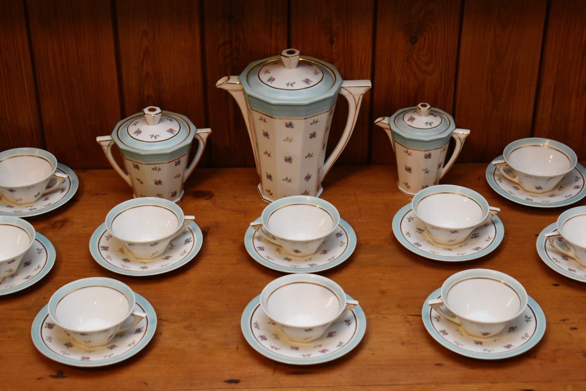 Michelaud Lucien, Art - Deco Coffee Or Tea Service In Limoges Porcelain, Floral Decor,-photo-3