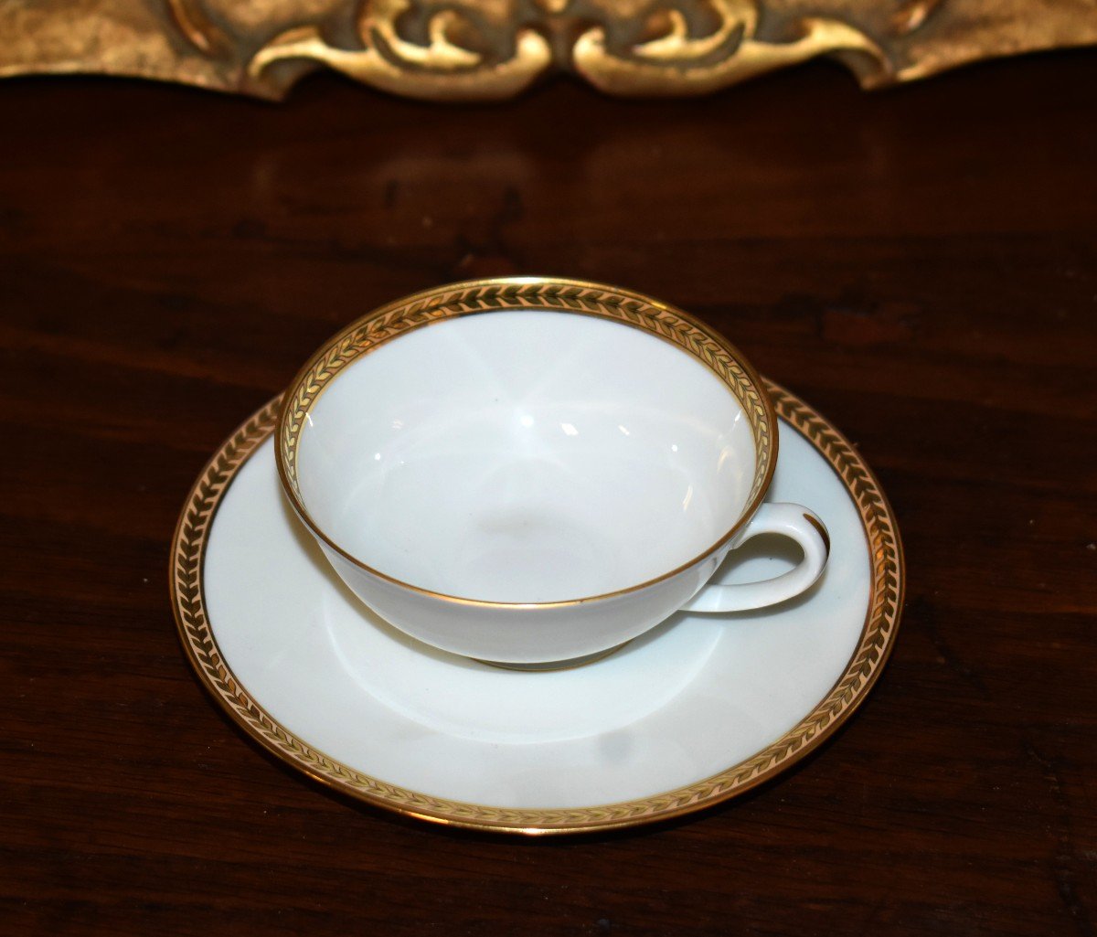 Coffee Or Tea Service In White Limoges Porcelain, Net And Frieze Decor In Fine Gold.-photo-4