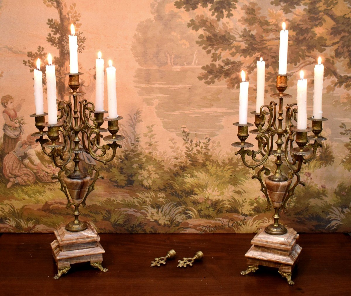 Pair Of Candelabras In Bronze And Onyx,  Napoléon III , 19th Century, Candlesticks With Five Arms Of Light-photo-3