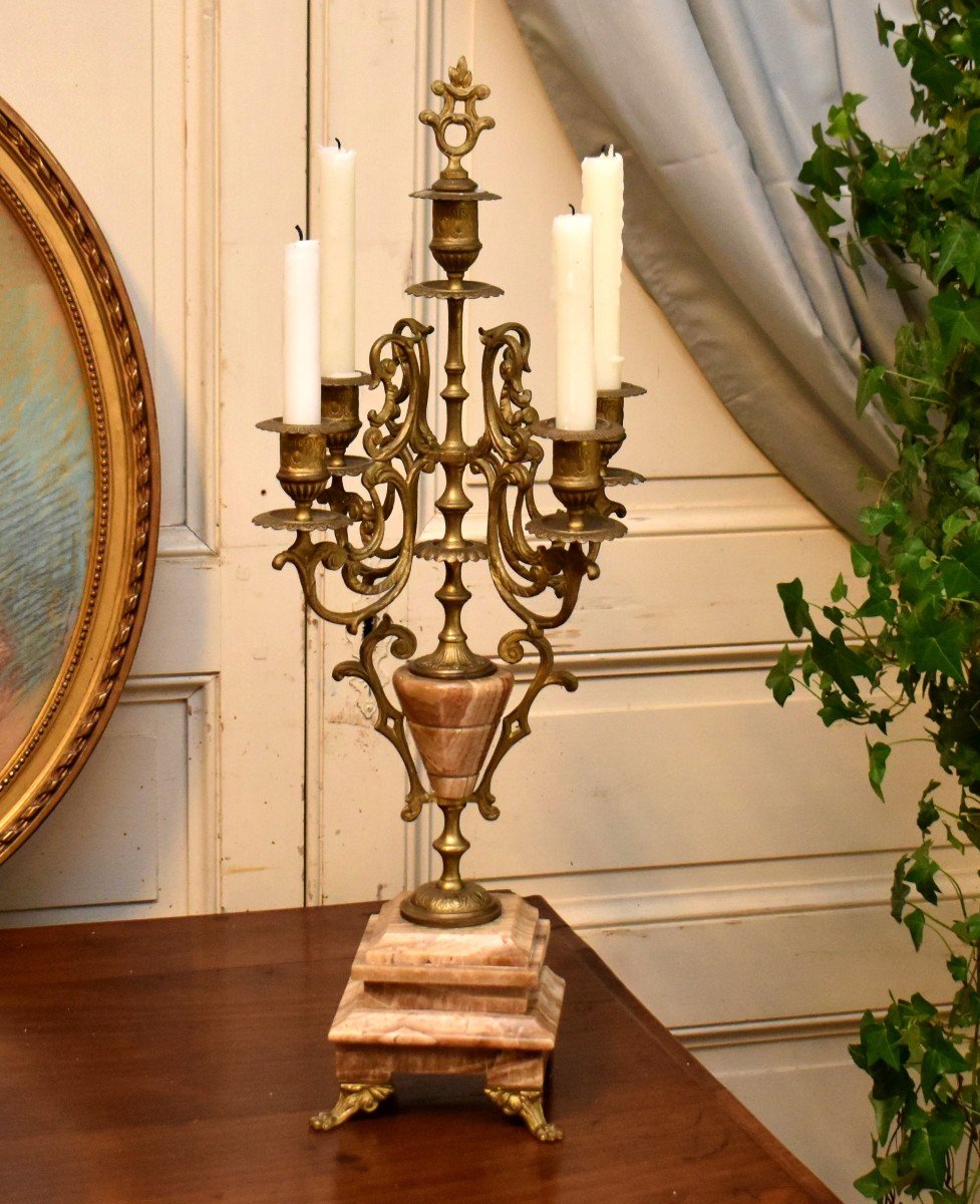 Paire De Candélabres En Bronze Et Onyx , Epoque Napoléon III,  XIXème, chandeliers à  Cinq Bras De Lumière-photo-3