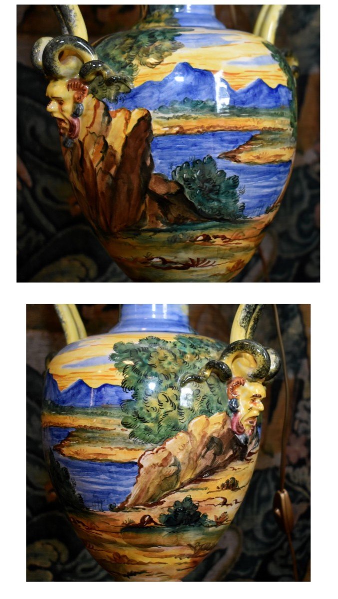 Italian Earthenware Lamp, Majolica In The Taste Of Urbino, Antique Decor, Late Nineteenth Century-photo-3