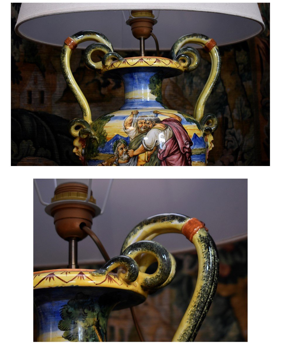 Grande Lampe En Faïence Italienne, Majolique Dans Le Goût d'Urbino, Décor à l'Antique, fin XIXème, Italie du Sud.-photo-6