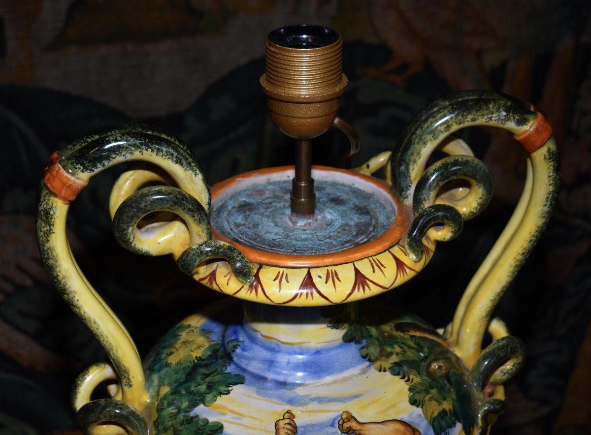 Grande Lampe En Faïence Italienne, Majolique Dans Le Goût d'Urbino, Décor à l'Antique, fin XIXème, Italie du Sud.-photo-7