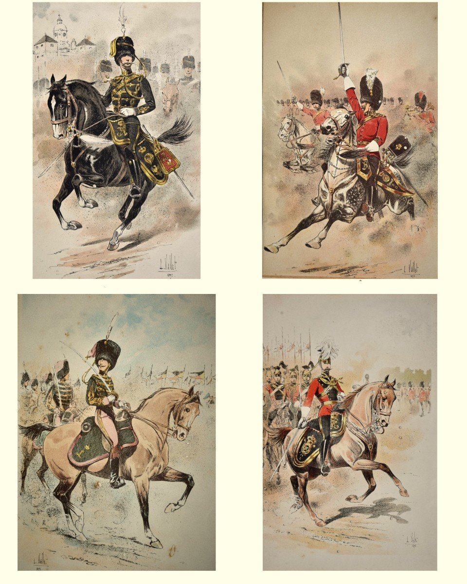Vallet Louis (1856-1940) Suite De Quatre Lithographies ,  Officier De Cavalerie Angleterre , gravure de scène militaire-photo-2