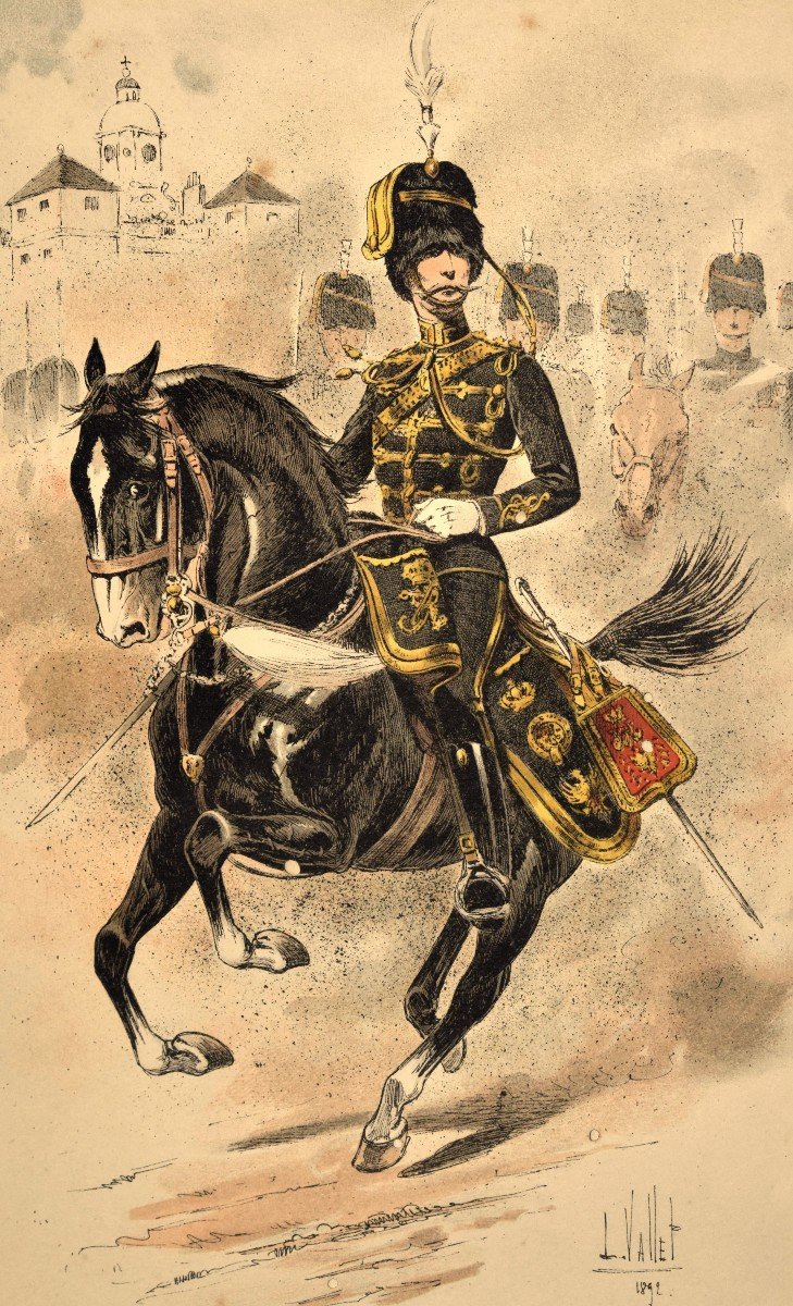 Vallet Louis (1856-1940) Suite De Quatre Lithographies ,  Officier De Cavalerie Angleterre , gravure de scène militaire-photo-3