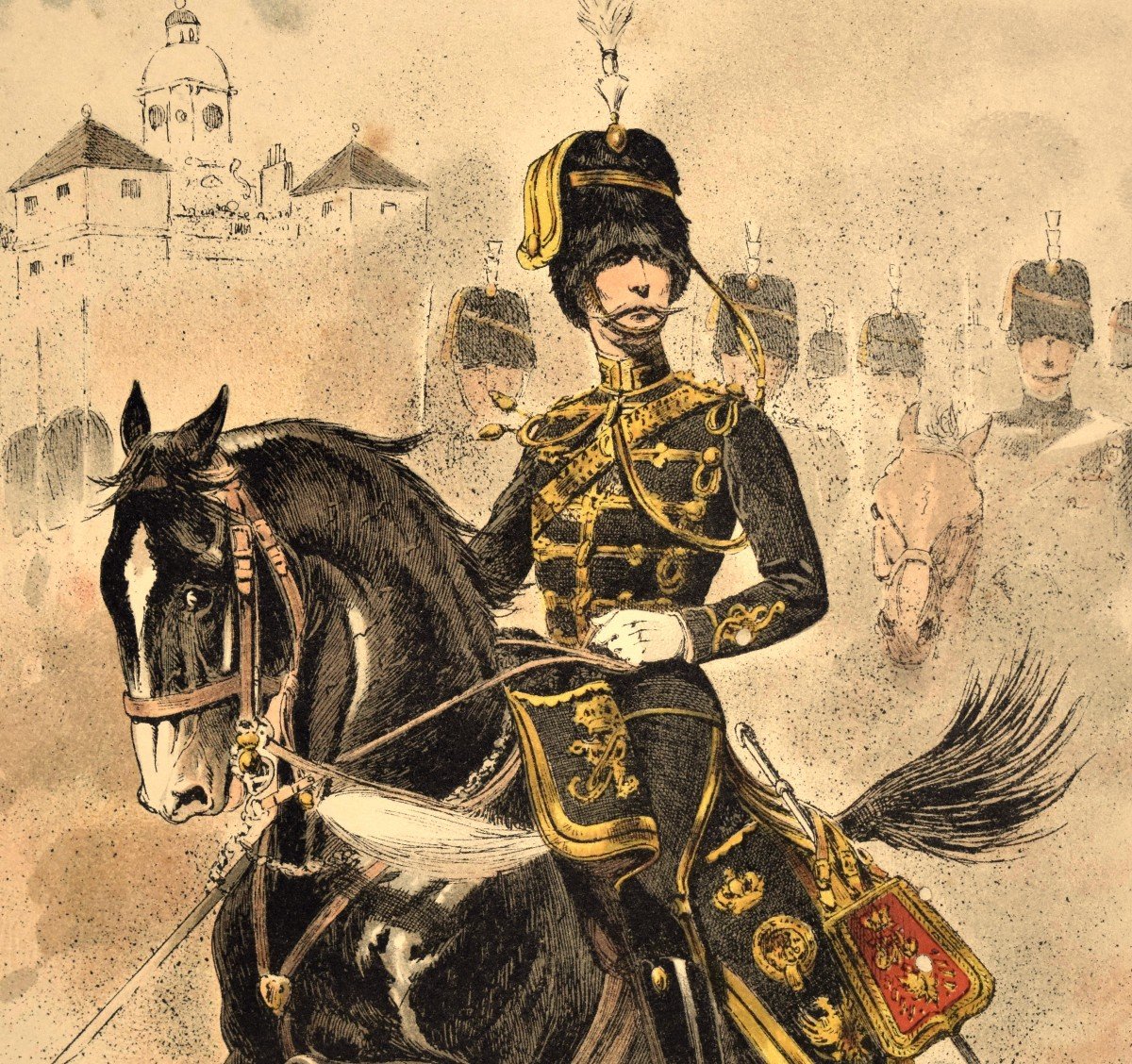 Vallet Louis (1856-1940) Suite De Quatre Lithographies ,  Officier De Cavalerie Angleterre , gravure de scène militaire-photo-4