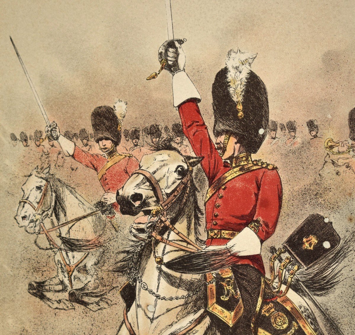 Vallet Louis (1856-1940) Suite De Quatre Lithographies ,  Officier De Cavalerie Angleterre , gravure de scène militaire-photo-3