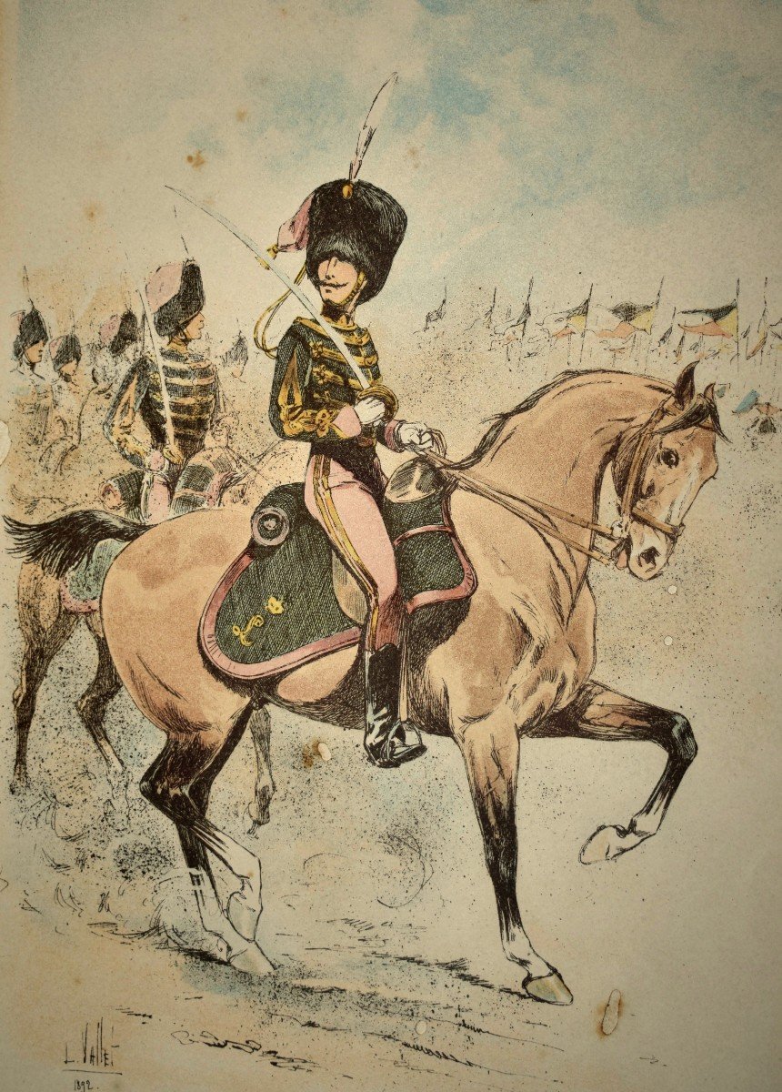 Vallet Louis (1856-1940) Suite De Quatre Lithographies ,  Officier De Cavalerie Angleterre , gravure de scène militaire-photo-5