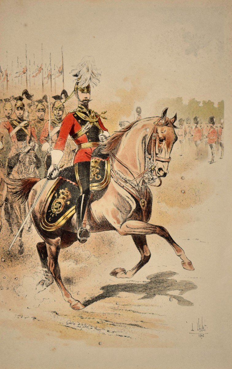 Vallet Louis (1856-1940) Suite De Quatre Lithographies ,  Officier De Cavalerie Angleterre , gravure de scène militaire-photo-7