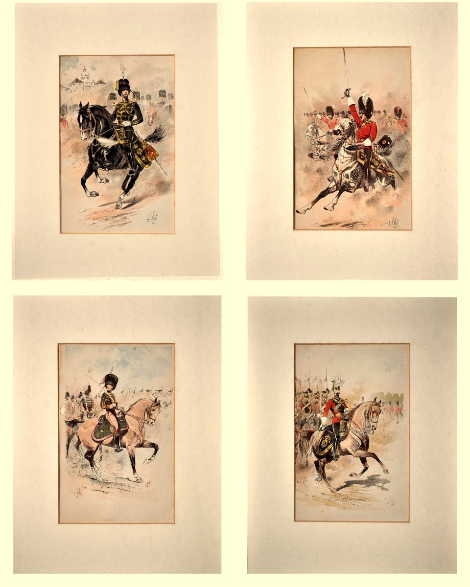 Vallet Louis (1856-1940) Suite De Quatre Lithographies ,  Officier De Cavalerie Angleterre , gravure de scène militaire