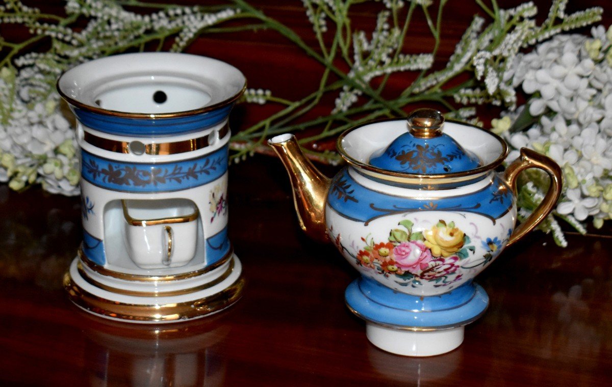 Veilleuse - Tisanière En Porcelaine Entièrement Peinte à La Main, Décor  Bouquets De Fleurs -photo-4