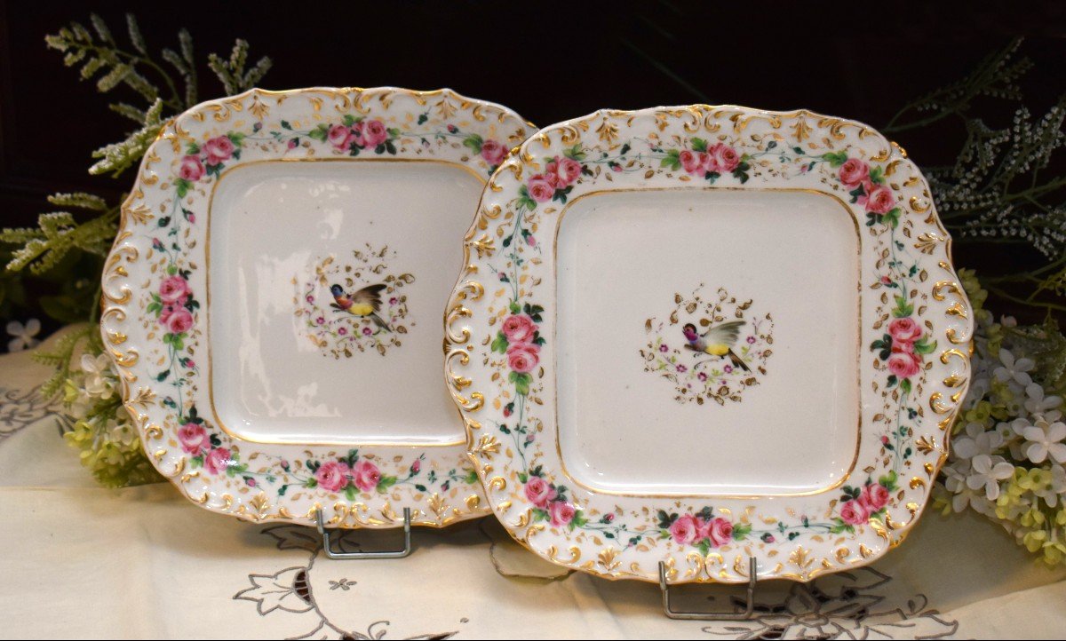 Pair Of Decorative Old Paris Porcelain Dishes, Plates Entirely Hand Painted