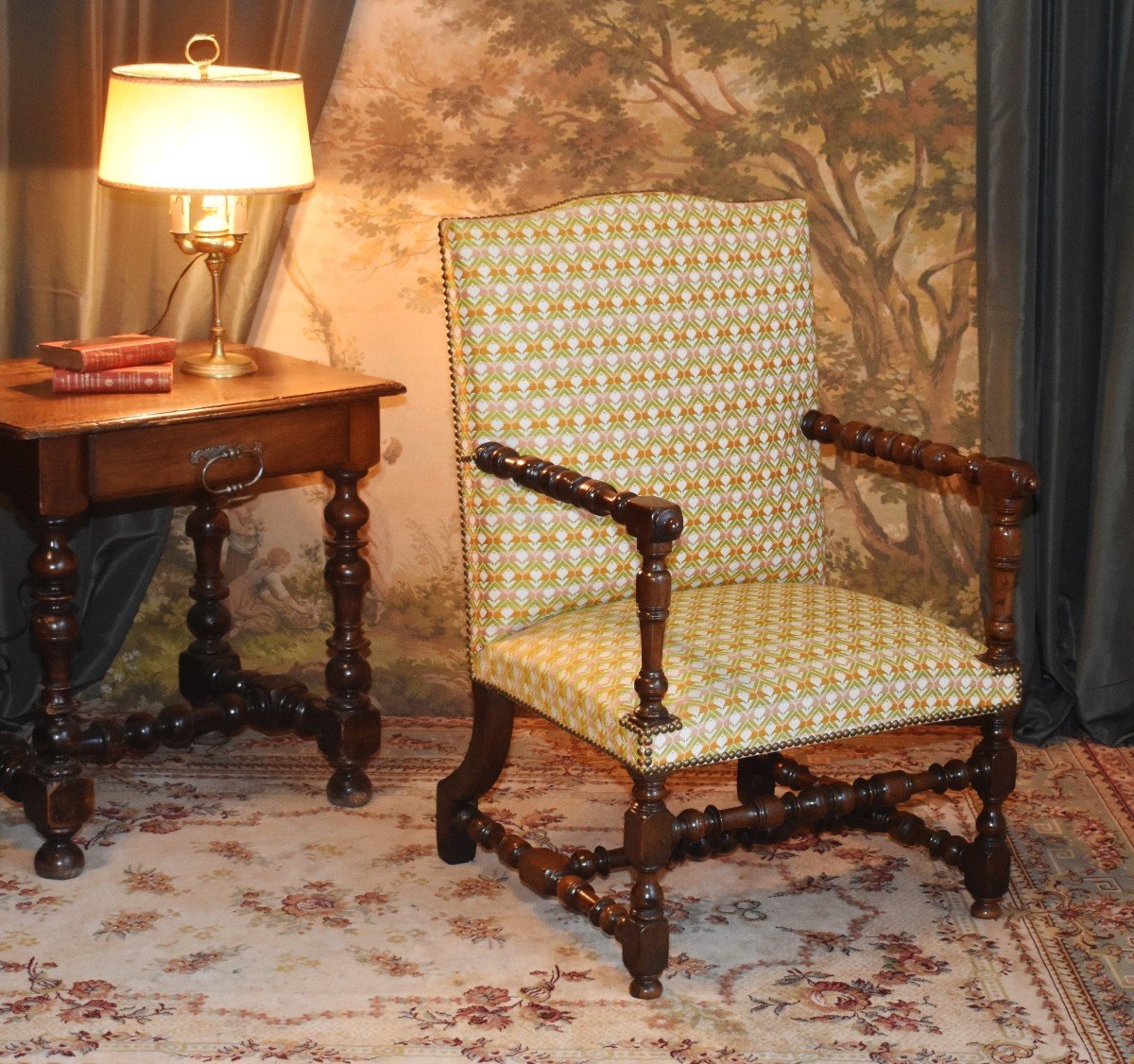 Rare Louis XIII Armchair In Solid Walnut, Redone Upholstery, Curved Back Leg.-photo-2