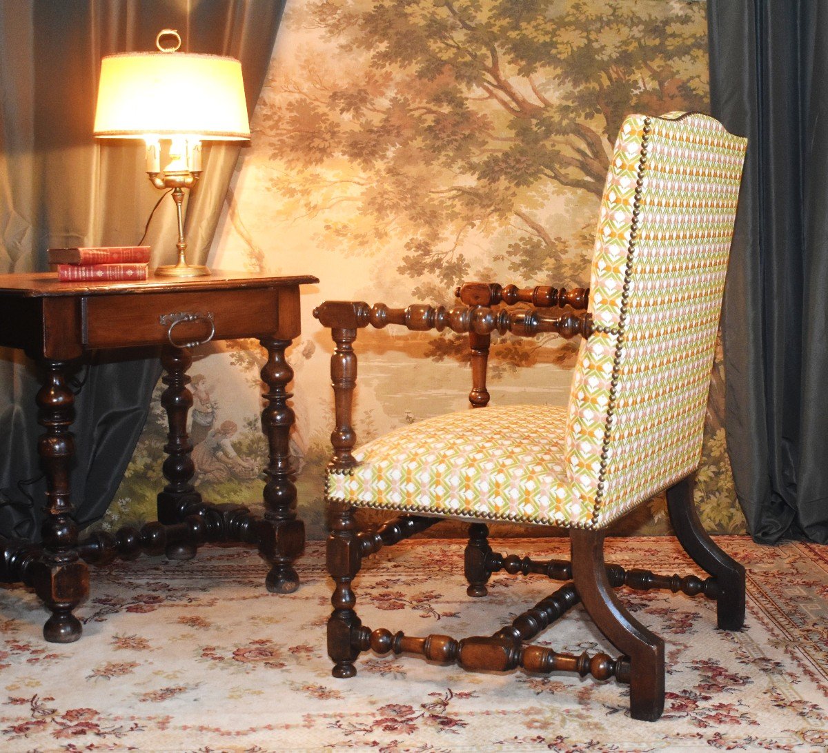 Rare Louis XIII Armchair In Solid Walnut, Redone Upholstery, Curved Back Leg.-photo-3