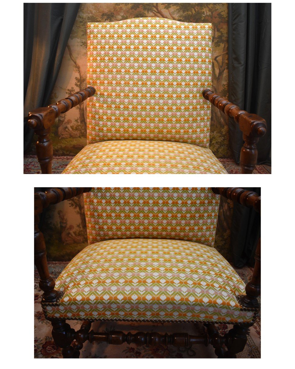Rare Louis XIII Armchair In Solid Walnut, Redone Upholstery, Curved Back Leg.-photo-5
