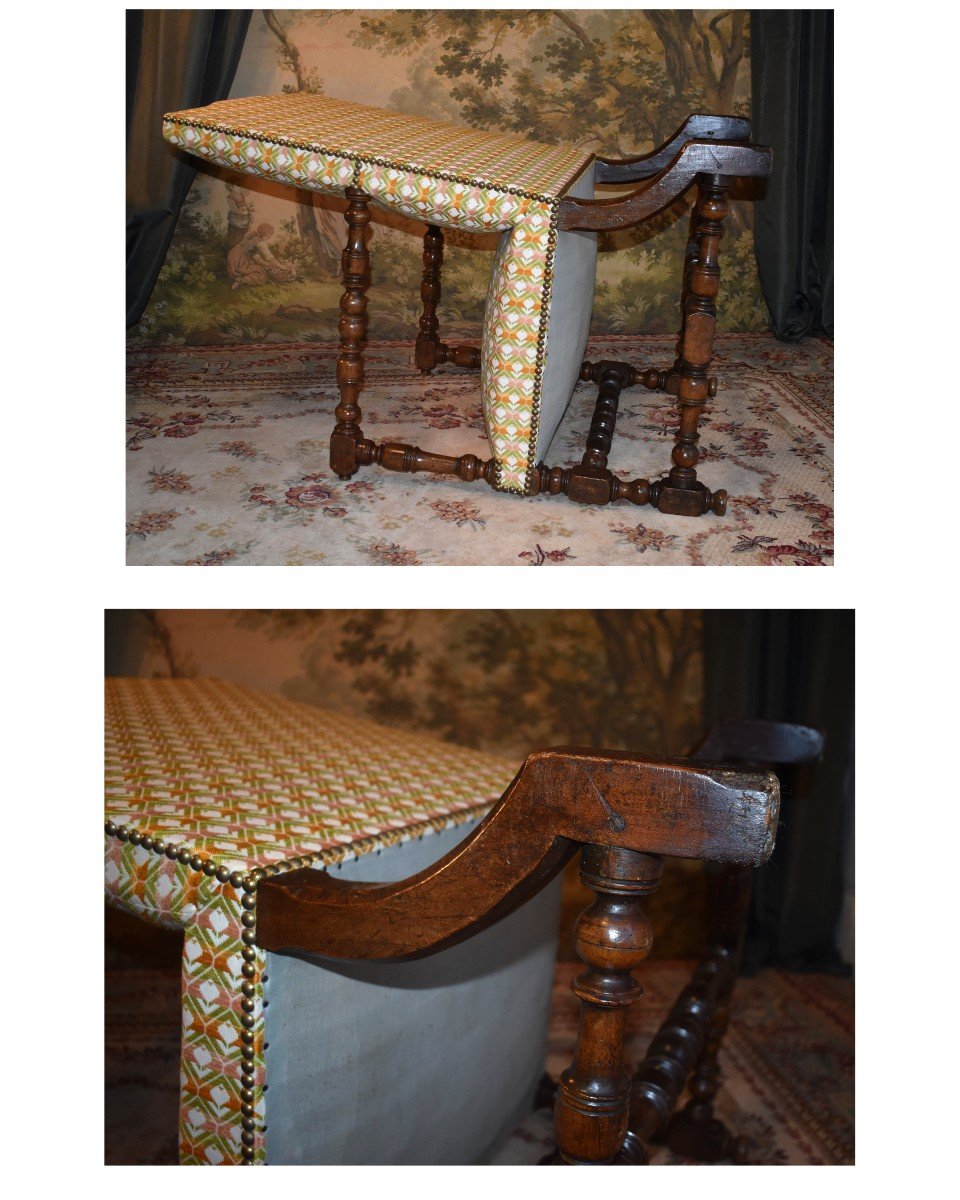 Rare Louis XIII Armchair In Solid Walnut, Redone Upholstery, Curved Back Leg.-photo-6