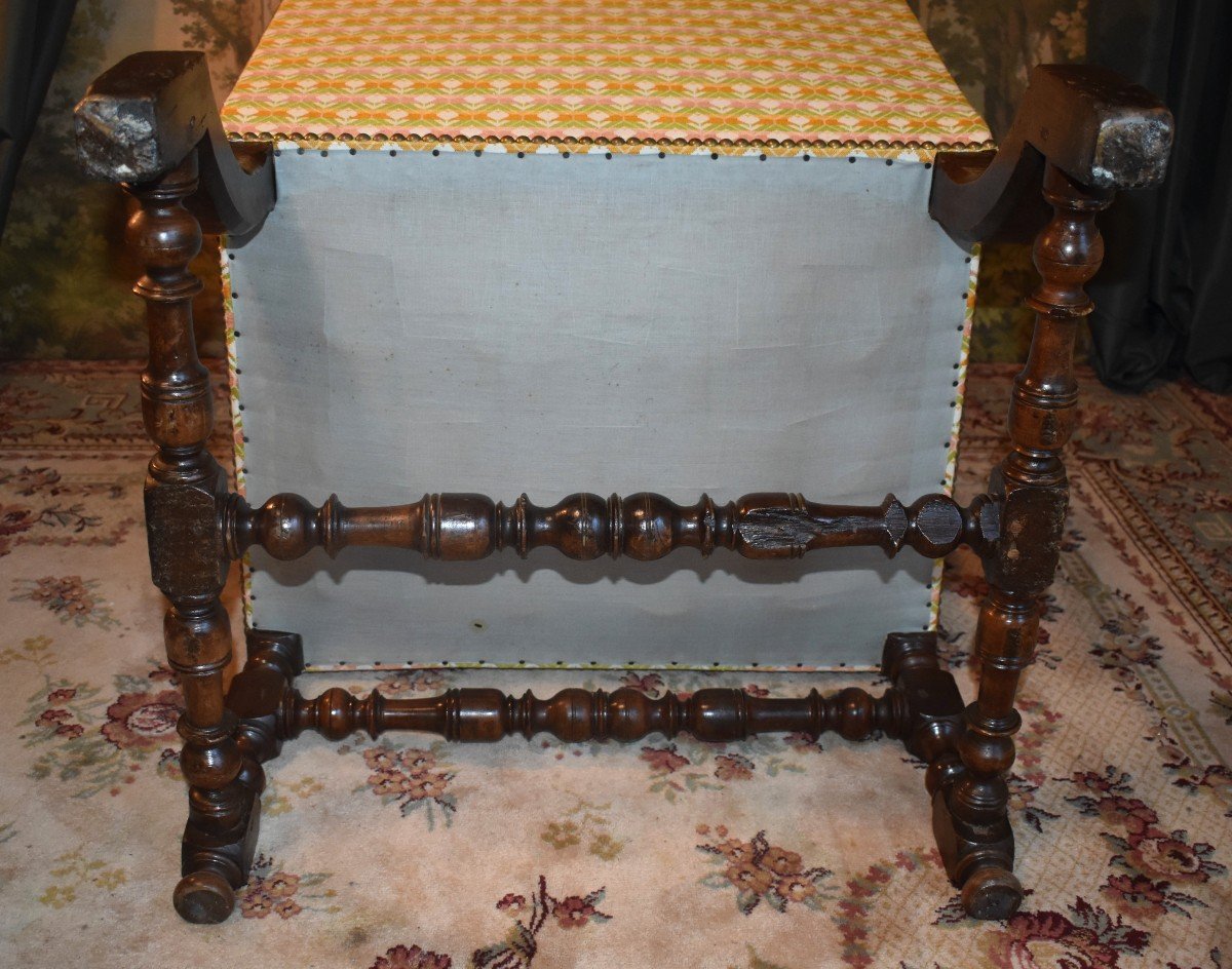 Rare Louis XIII Armchair In Solid Walnut, Redone Upholstery, Curved Back Leg.-photo-7