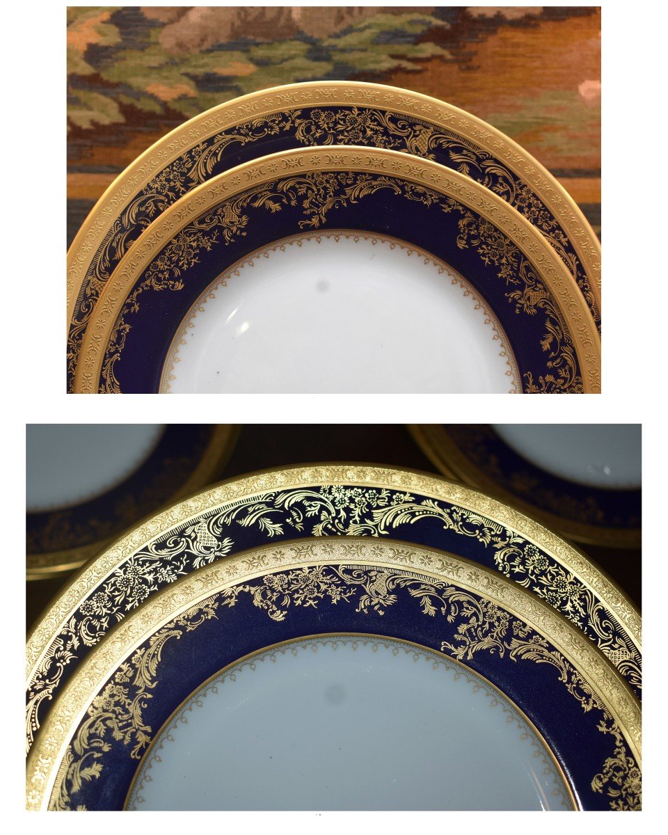 Suite d'Assiettes Haviland , Modèle Pompadour , Bleu De Four Et Incrustation, six assiettes à dessert, 6 assiettes à gâteaux.-photo-4