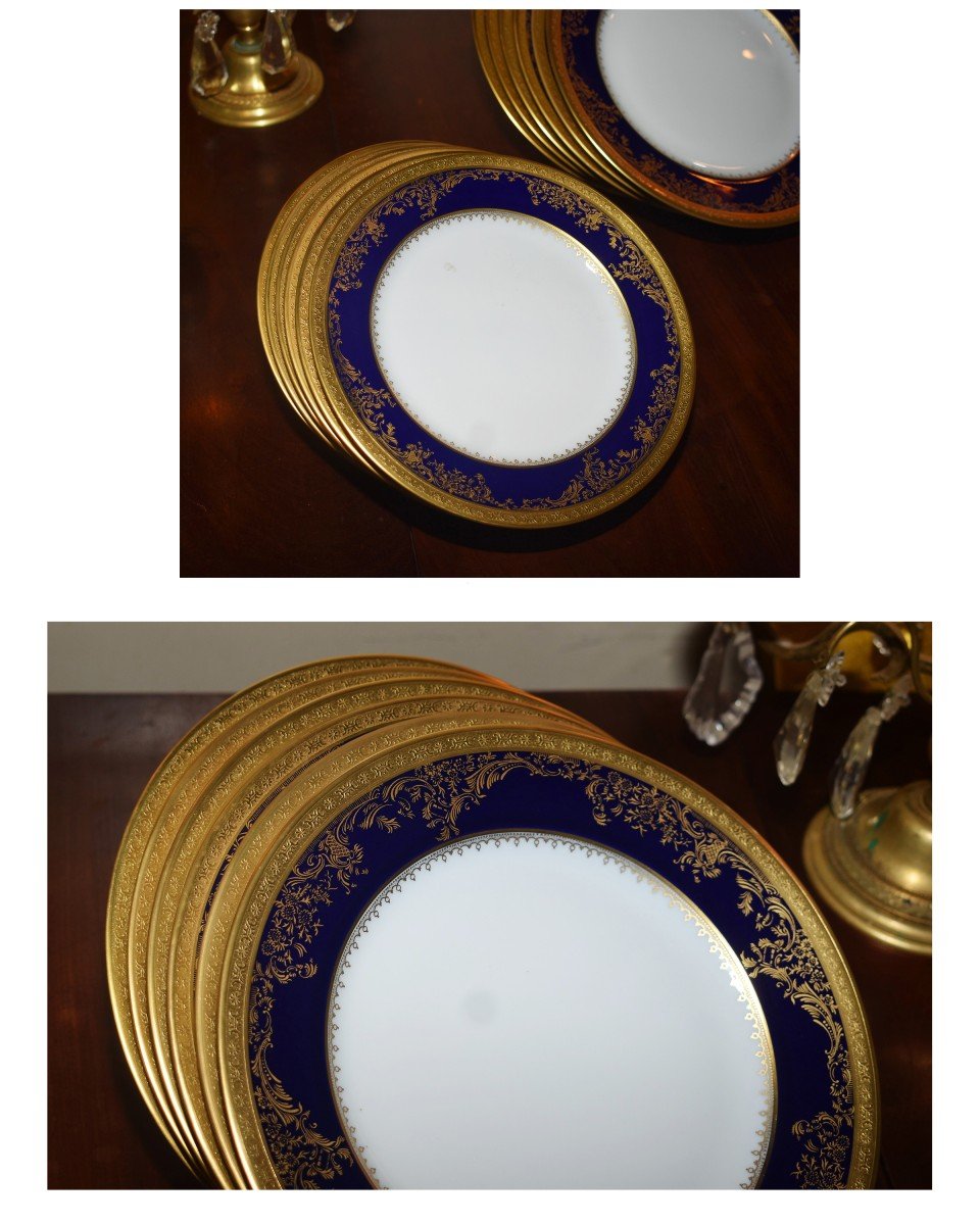 Suite d'Assiettes Haviland , Modèle Pompadour , Bleu De Four Et Incrustation, six assiettes à dessert, 6 assiettes à gâteaux.-photo-6