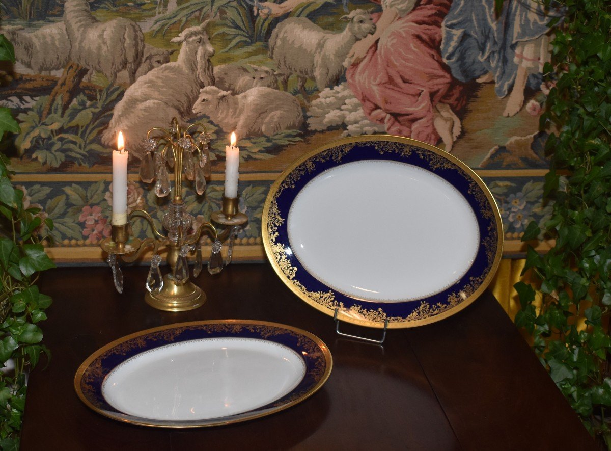 Haviland, Porcelaine  Limoges , Paire De Grands Plats Modèle Pompadour , Bleu De Four Et Double Incrustation or-photo-2