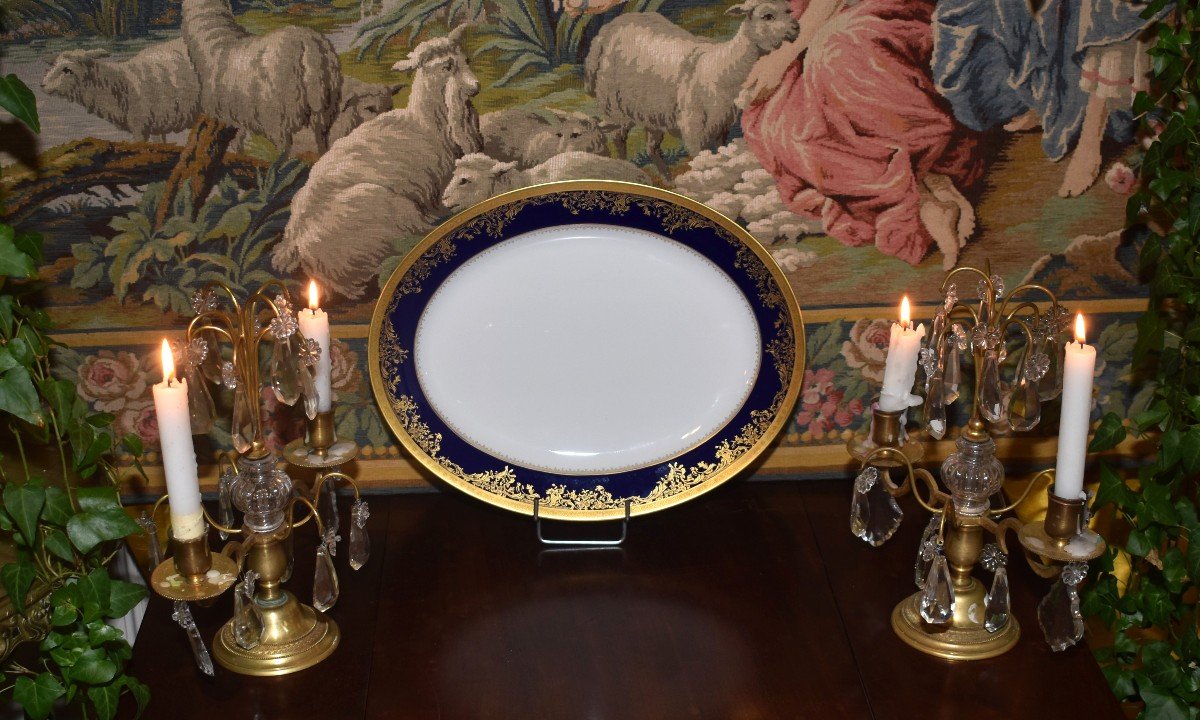 Haviland Limoges Porcelain , Pair Of Large Pompadour Model Dishes, Oven Blue And Double Inlay-photo-3