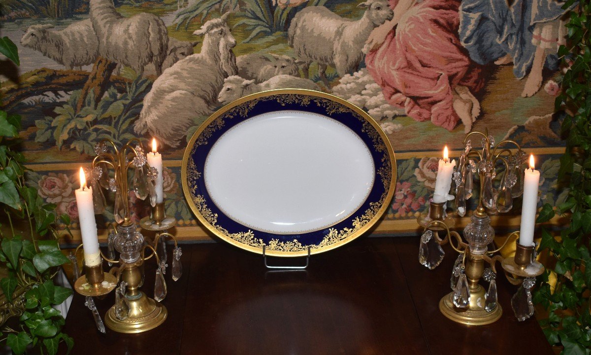 Haviland, Porcelaine  Limoges , Paire De Grands Plats Modèle Pompadour , Bleu De Four Et Double Incrustation or-photo-3