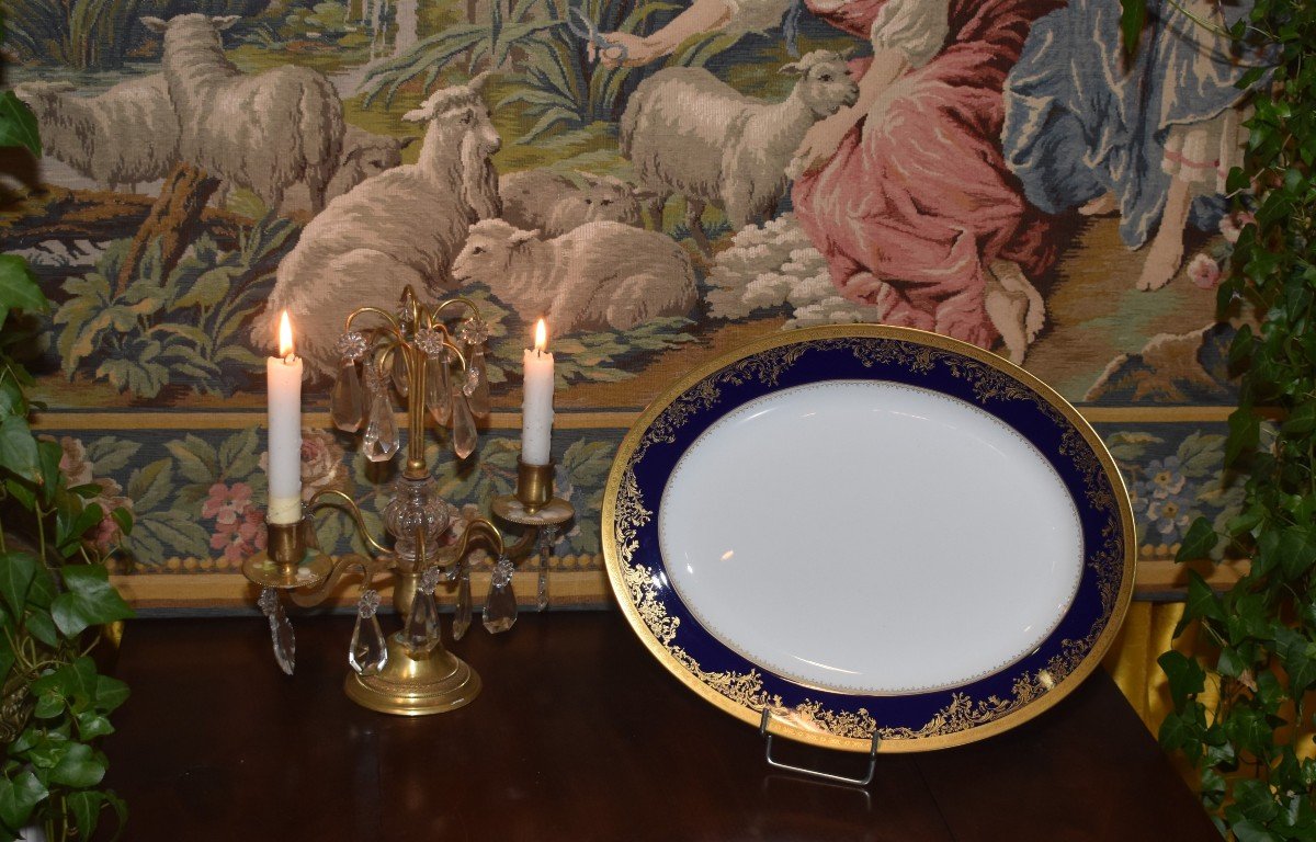 Haviland Limoges Porcelain , Pair Of Large Pompadour Model Dishes, Oven Blue And Double Inlay-photo-4