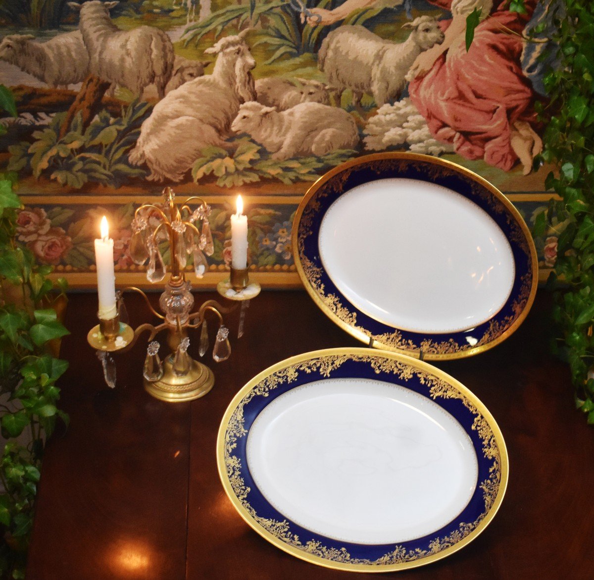 Haviland Limoges Porcelain , Pair Of Large Pompadour Model Dishes, Oven Blue And Double Inlay-photo-1