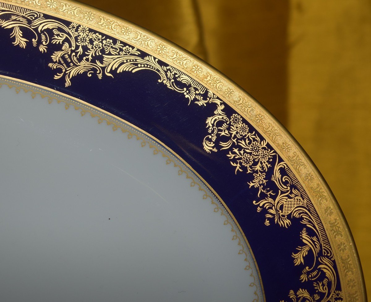 Haviland, Porcelaine  Limoges , Paire De Grands Plats Modèle Pompadour , Bleu De Four Et Double Incrustation or-photo-4