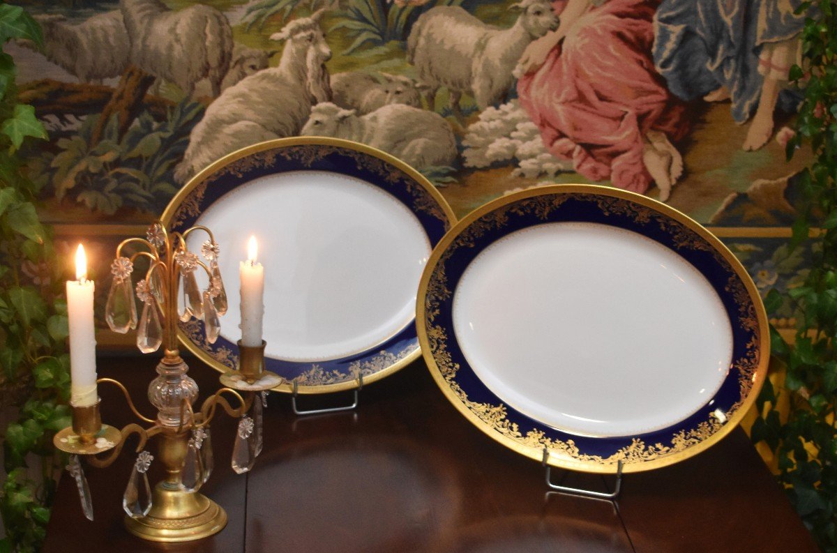 Haviland Limoges Porcelain , Pair Of Large Pompadour Model Dishes, Oven Blue And Double Inlay